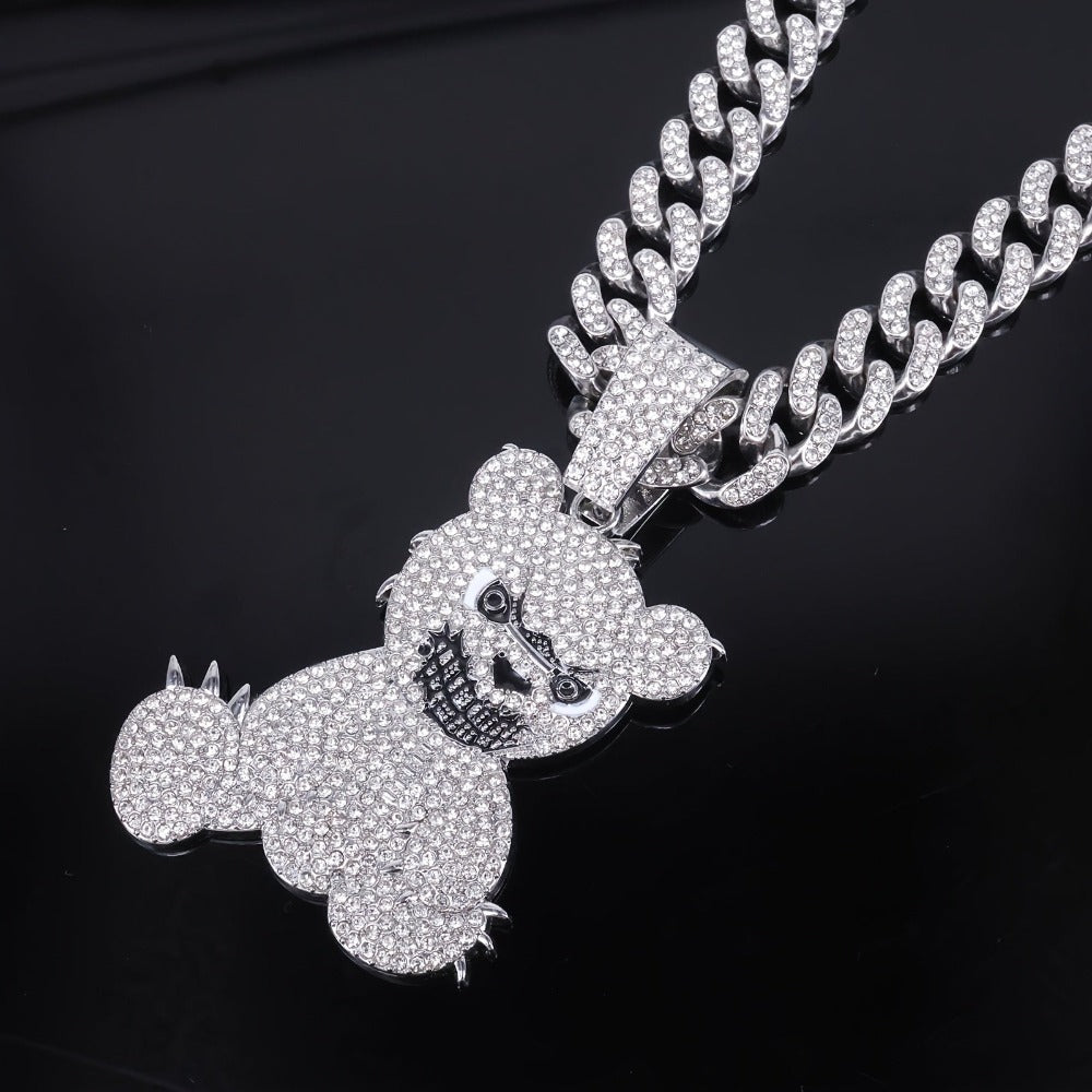 1pc Colgante de Oso Teddy Dominante y Fresco, Acompañado de Collar Cubano de Zirconia Cúbica Sintética de 50cm, Uso Diario Urbano, Joyería Hip-hop, Accesorios para Fiestas, Adecuado para Hombres y Mujeres en Uso Diario y como Regalo