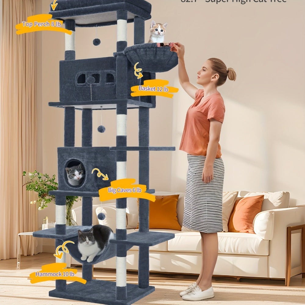 Árbol para gatos extra alto de 210 cm con 8 postes rascadores y 2 cuevas - Muebles para gatos de múltiples niveles de alta resistencia, tapete lavable, hamaca y pelotas de felpa - Torre para gatos grande con base resistente