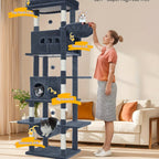 Árbol para gatos extra alto de 210 cm con 8 postes rascadores y 2 cuevas - Muebles para gatos de múltiples niveles de alta resistencia, tapete lavable, hamaca y pelotas de felpa - Torre para gatos grande con base resistente