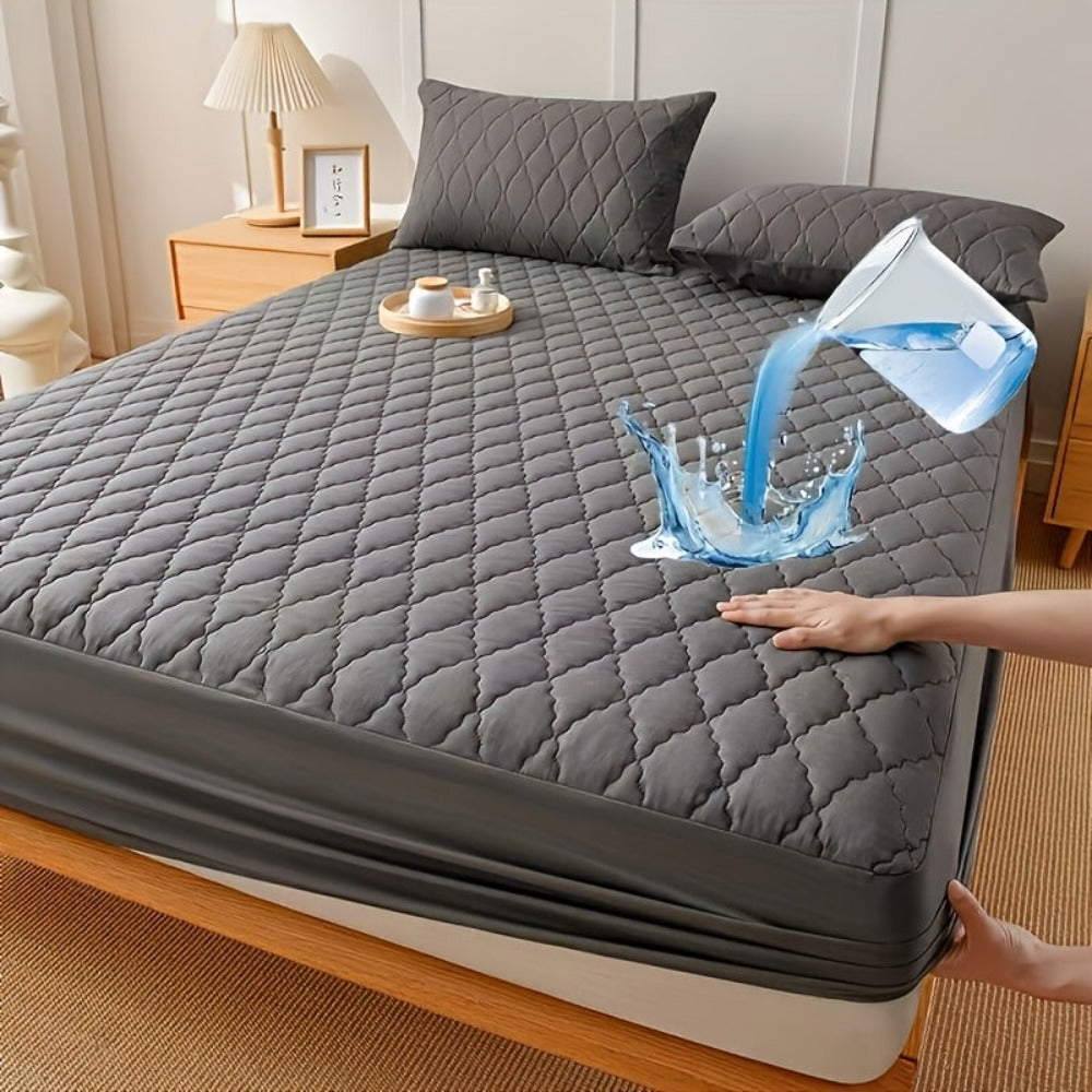 1 Protector de colchón, no incluye funda de almohada ni relleno, diseño de patrón recto impermeable de color sólido, suave y cómodo con tecnología de estampado en relieve sónico, lavable a máquina para dormitorio, hotel, residencia estudiantil, uso en 4 e