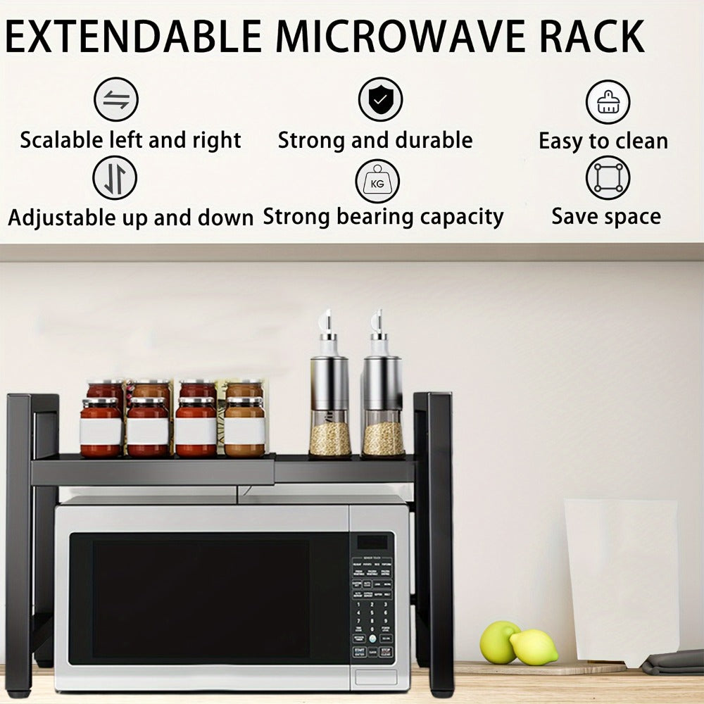 Estante de microondas extensible, estante de microondas de 2 niveles con 3 toallas, 5 ganchos, soporte para palillos y estante para tabla de cortar, organizador de cocina, estante para hornear en microondas, encimera, extensible de 40-64 cm (Negro, Blanco