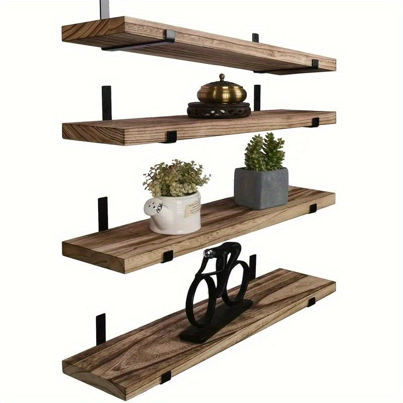 Juego de 4 Estantes de Pared de Madera Rústica, Marrón, Adecuados para Estantes Flotantes en la Cocina, Dormitorio y Sala de Estar, Estantes Flotantes