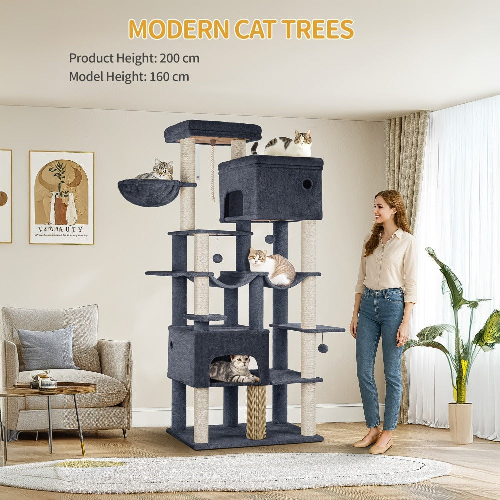 Árbol para Gatos, 200cm XXL con 10 Postes Rascadores, 2 Cuevas, 2 Hamacas, Plataforma Grande, Peines y Canasta Incluidos. Árbol Resistente Ideal para Maine Coon o Grandes Felinos en Colores Gris Claro/Gris Oscuro/Beige