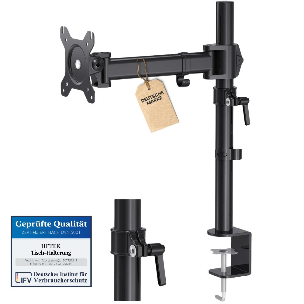 Soporte para Monitor HFTEK - Brazo de Monitor con Resorte de Gas Ajustable para Pantallas de 13 a 34 Pulgadas, Soporta hasta 17.6 lbs, con Base de Abrazadera C y Ojal, Montaje VESA 75x75mm y 100x100mm