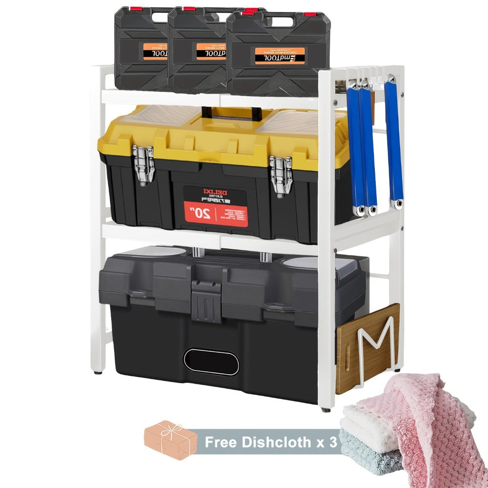 Estante de Trabajo Expandible de 3 Niveles con 6 Ganchos y 3 Portatoallas; Estante de Almacenamiento para Garaje, Cocina o Armario; Se Extiende de 40 cm a 64 cm; Ideal para Garajes y Cocinas (Blanco, )