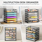 Organizador de escritorio, 6 niveles para hojas de carta, portaarchivos apilable, contenedores de almacenamiento con asa, artículos de oficina para hojas de documentos A4, papel, libro, revista