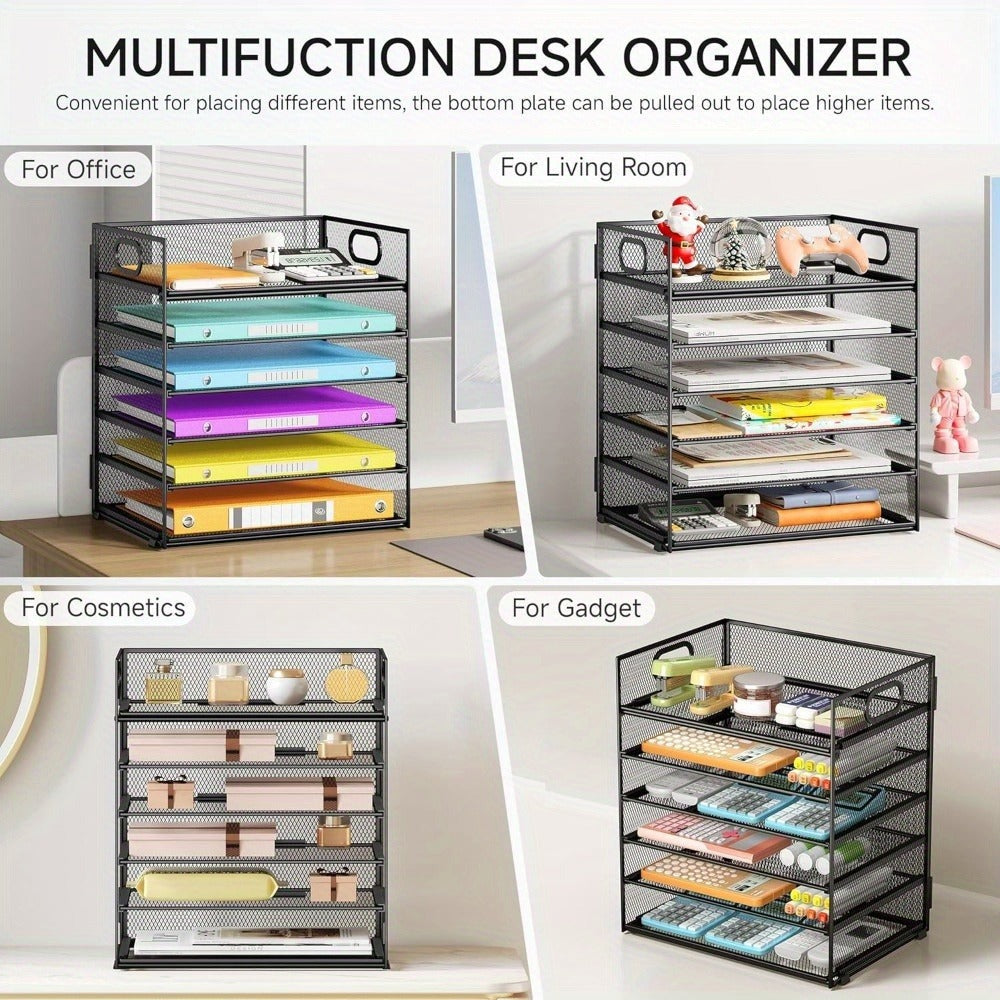 Organizador de escritorio, 6 niveles para hojas de carta, portaarchivos apilable, contenedores de almacenamiento con asa, artículos de oficina para hojas de documentos A4, papel, libro, revista