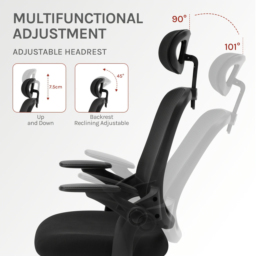 Silla de oficina ergonómica, silla de escritorio con reposacabezas ajustable, soporte lumbar, función de balanceo, reposabrazos plegables, silla para oficina en casa, silla de trabajo