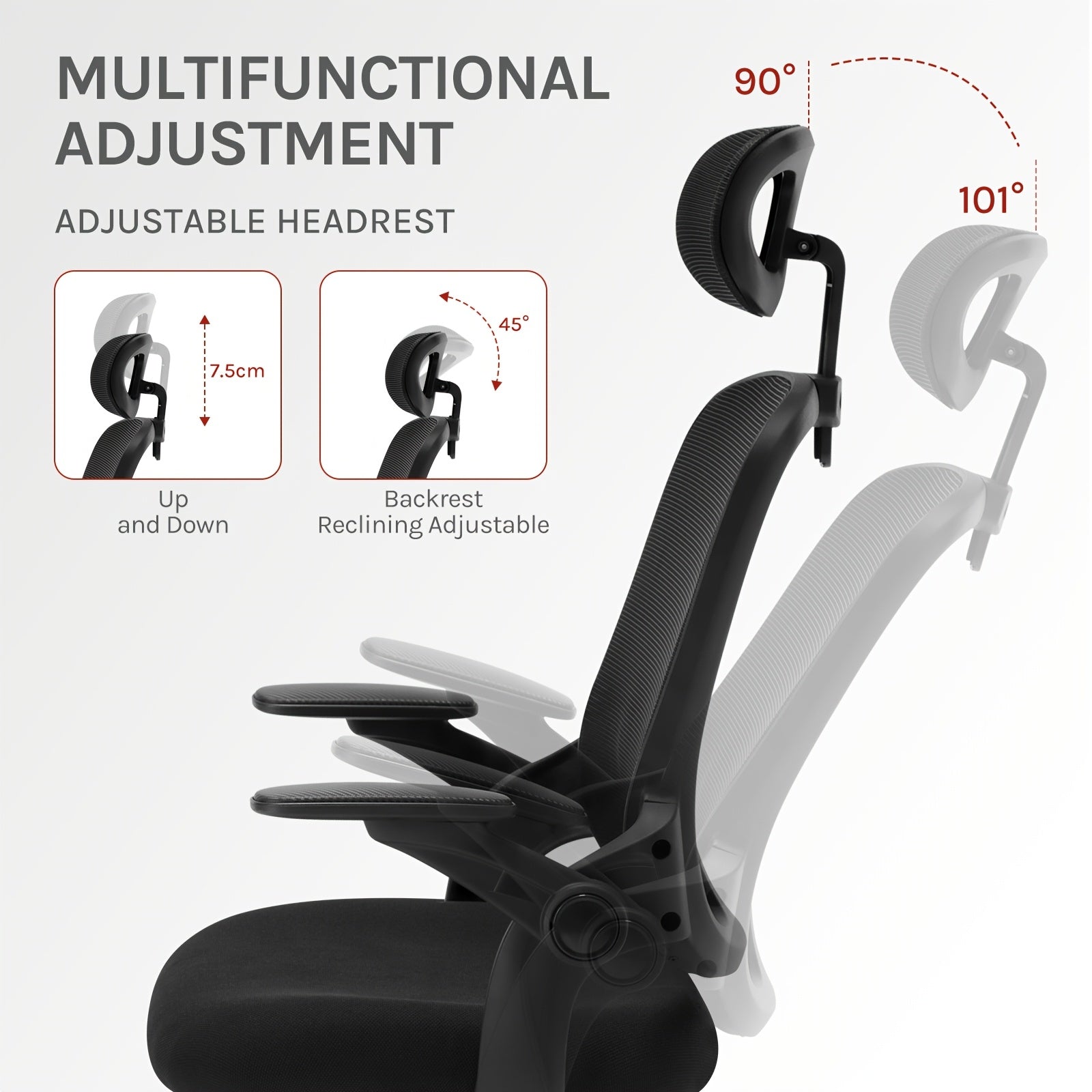 Silla de oficina ergonómica, silla de escritorio con reposacabezas ajustable, soporte lumbar, función de balanceo, reposabrazos plegables, silla para oficina en casa, silla de trabajo