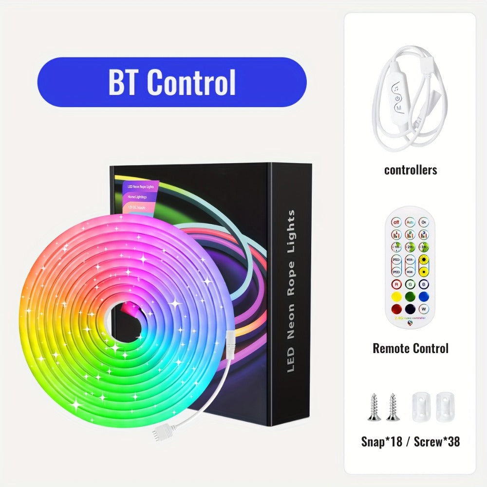 Tira de luz LED neón regulable de 5/10 metros, función, tira de luz neón RGB para juegos con sincronización de música controlada por aplicación, fuente de alimentación estándar europeo, adecuada para uso en interiores, cocina, sala de estar, techo de dorm