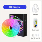 Tira de luz LED neón regulable de 5/10 metros, función, tira de luz neón RGB para juegos con sincronización de música controlada por aplicación, fuente de alimentación estándar europeo, adecuada para uso en interiores, cocina, sala de estar, techo de dorm