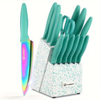Juego de cuchillos de cocina de acero inoxidable con revestimiento antiadherente, juego de 15 cuchillos de cocina profesionales con bloque de madera negra, mango de ABS antideslizante para cuchillos de chef, tabla de cortar de plástico y tijeras de cocina