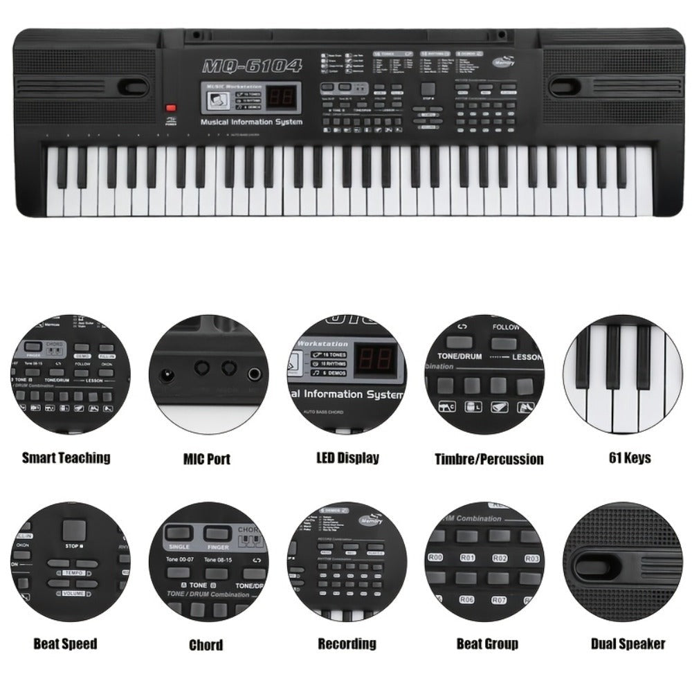Piano electrónico de 61 teclas, piano ideal para principiantes, piano electrónico portátil, con 16 tonos, 8 efectos de sonido de percusión, 10 ritmos, 6 demostraciones, altavoces incorporados, sonido de alta calidad, es la mejor opción para entusiastas de