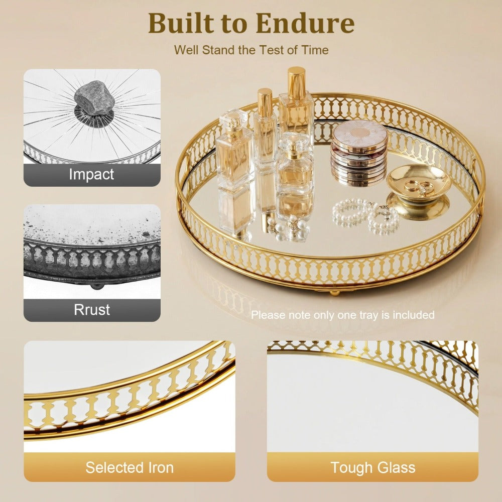 Bandeja redonda de cristal dorado con espejo y compartimentos de cristal - Bandeja de servir decorativa adecuada para tocador, estante de baño, expositor de perfumes, marco de espejo para encimera, almacenamiento de cómoda - Cristal elegante
