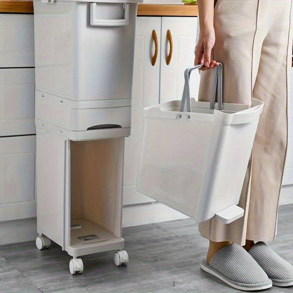 Cubo de Basura Estrecho de 3 Capas con Tapa - Delgado, Gran Capacidad, Doble Compartimento para Separación Seca y Húmeda con Ruedas y Asas para Fácil Movimiento, Perfecto para Separación de Residuos de Cocina, Operado con Pedal, Espacio de Cocina, Uso Dom