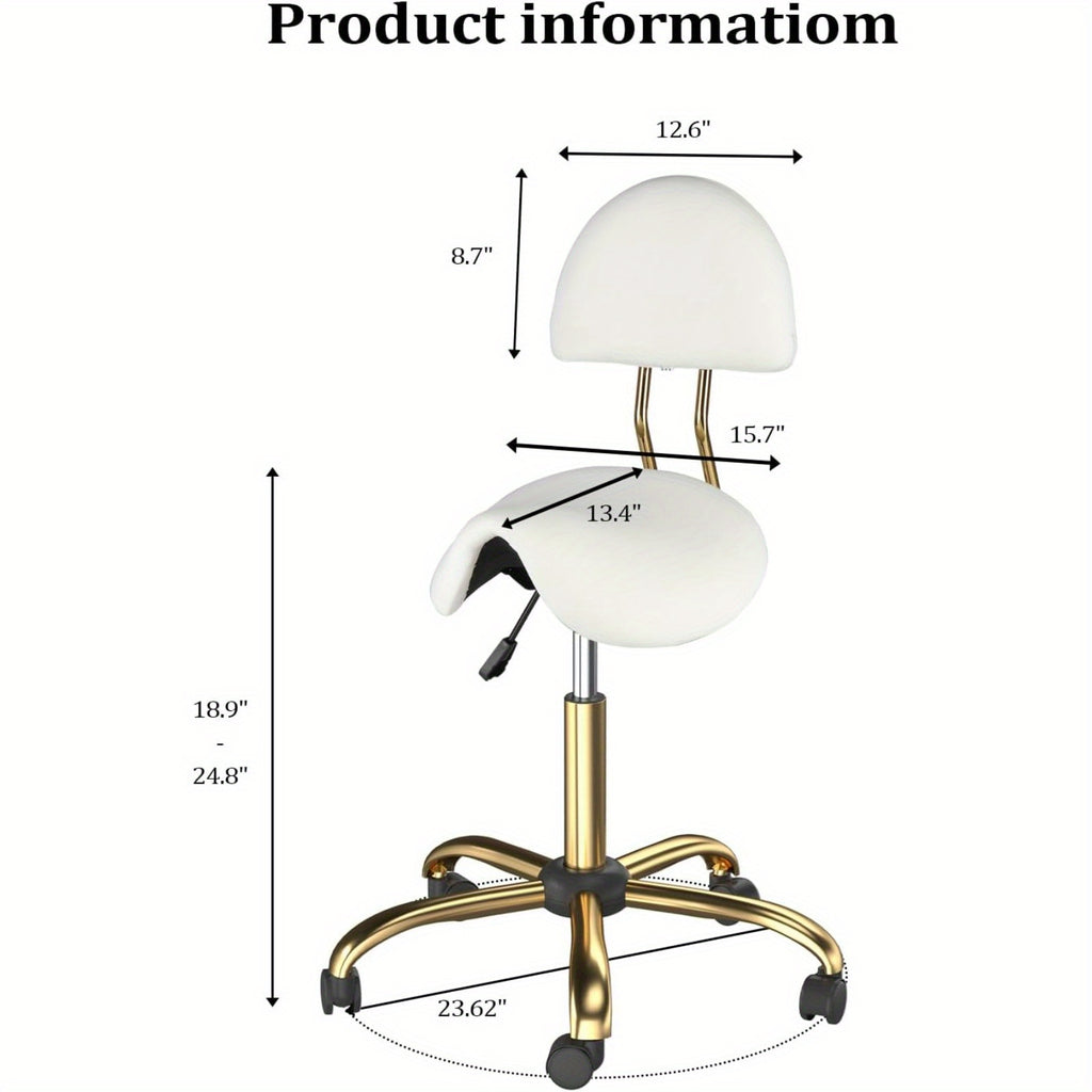 Taburete Bonnlo con Respaldo Extraíble, Taburete Giratorio de 360°, Taburete de Altura Ajustable (48-63Cm), Taburete Ergonómico con Ruedas y Capacidad de Carga de 180Kg para Salón/Oficina/Bar, Cuero Sintético (Blanco-Dorado, 40X34X91)