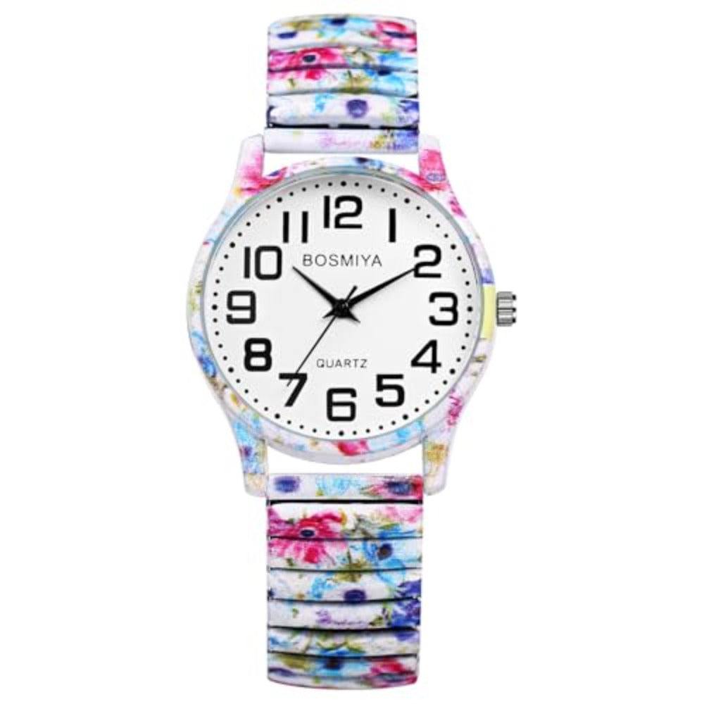 Reloj Elástico de Estilo Bohemio para Mujer: Un Reloj de Pulsera de Cuarzo con Diseño Floral, Banda Elástica de Acero Inoxidable y Esfera de Números Grandes, Perfecto Como Regalo de Cumpleaños o Navidad