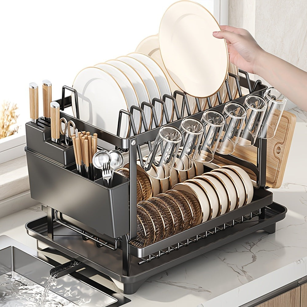 Escurridor de Platos de 2 Niveles con Bandeja de Drenaje - Escurridor de Platos Giratorio Ajustable, Soporte para Utensilios y Tazas, Organizador de Encimera de Cocina que Ahorra Espacio para un Secado Eficiente