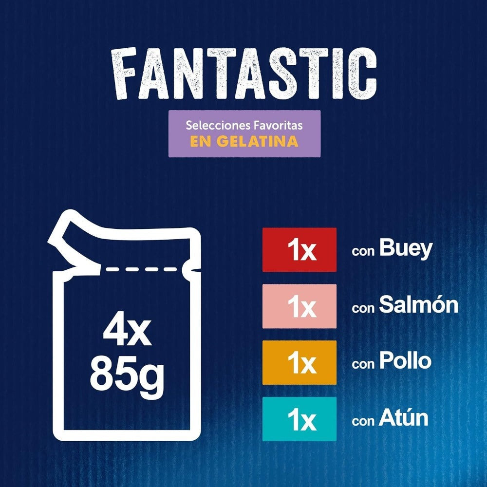 Paquete Ahorro Felix Fantastic Selecciones Favoritas en Gelatina de Pollo, Buey, Salmón y Atún