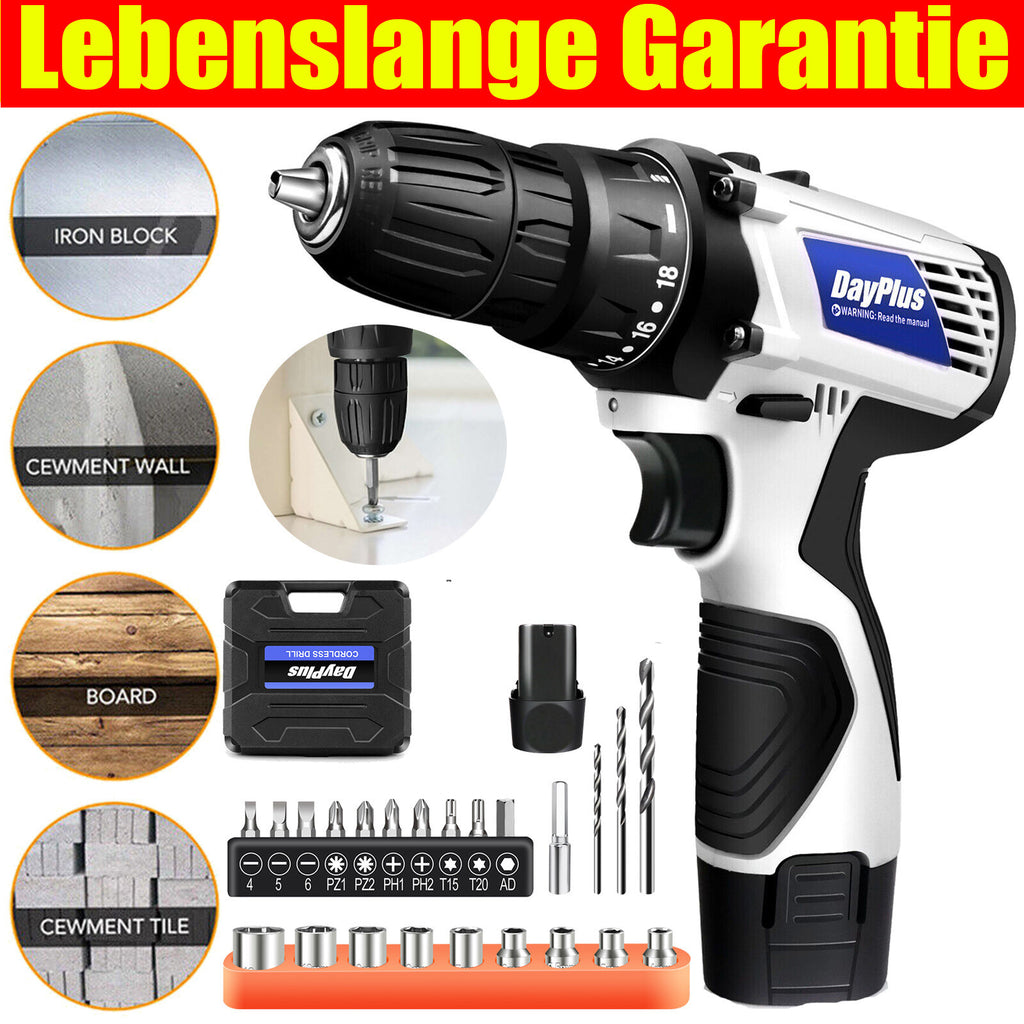 Atornillador Inalámbrico de Poder con 1x O 2x Baterías y 23 Puntas, 18+1 Ajuste de Torque, Taladro Combi de 2 Velocidades, Kit de Taladro con Garfio de 3/8" con Caja de Almacenamiento para Bricolaje en el Hogar, Luz LED para Cemento, Hormigón, Techo, Ladr