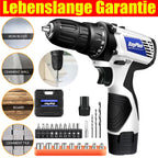 Atornillador Inalámbrico de Poder con 1x O 2x Baterías y 23 Puntas, 18+1 Ajuste de Torque, Taladro Combi de 2 Velocidades, Kit de Taladro con Garfio de 3/8" con Caja de Almacenamiento para Bricolaje en el Hogar, Luz LED para Cemento, Hormigón, Techo, Ladr