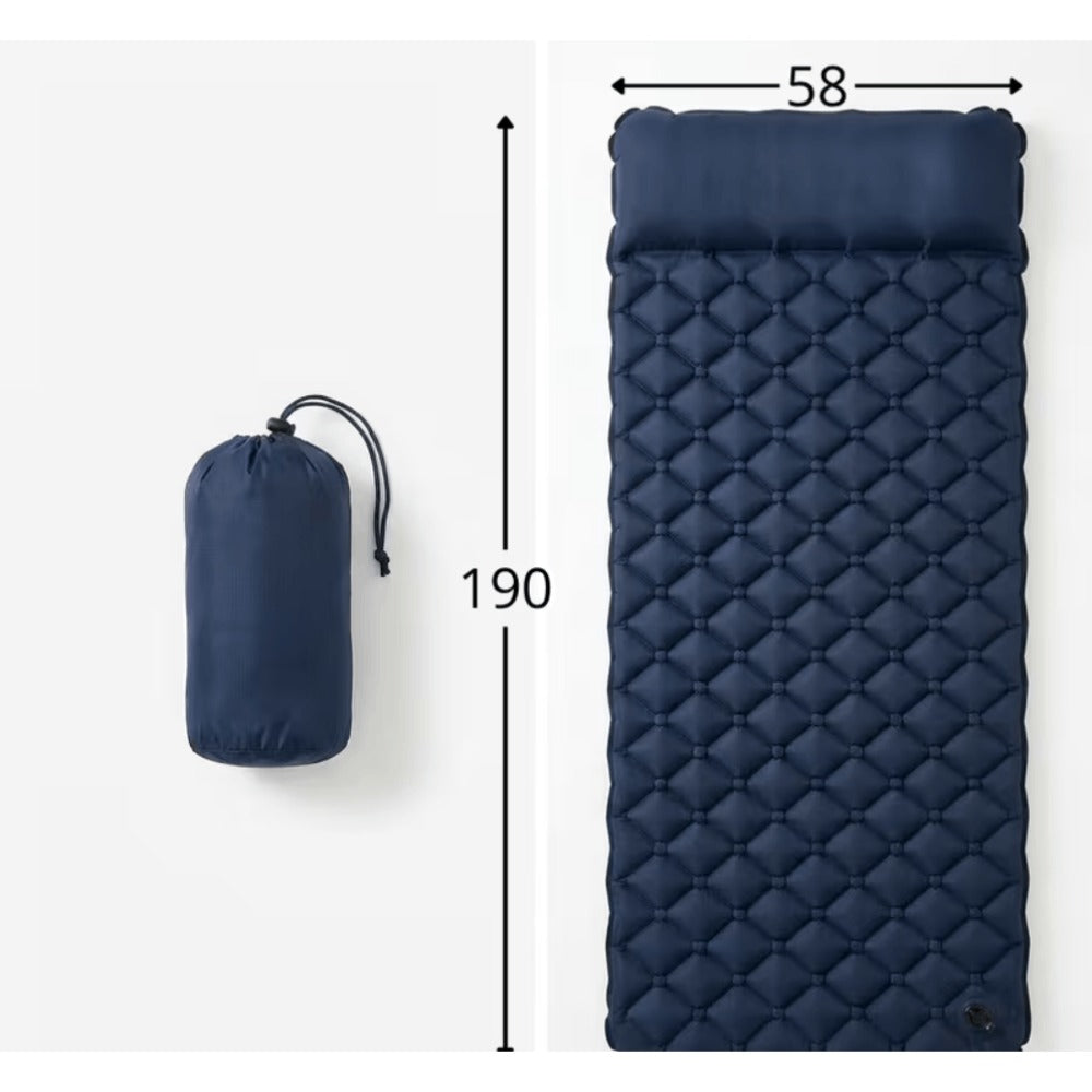 Colchón de camping inflable para una persona con almohada 190x58x5 cm XXL. Colchoneta de camping inflable ligera y colchoneta de camping en azul marino. Colchón de camping duradero con acolchado ergonómico en forma de diamante. Colchón de aire para una pe