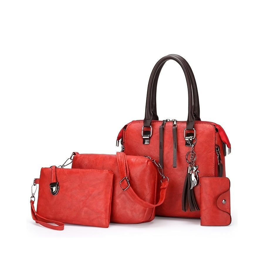 Conjunto de 4 piezas de bolsos para mujer, moderno y versátil, incluye bolso tote retro, bolso cruzado de hombro, bolso de mano, billetera, bolso tote grande de PU con cera de aceite, borlas, ideal para el día a día, viajes y como regalo