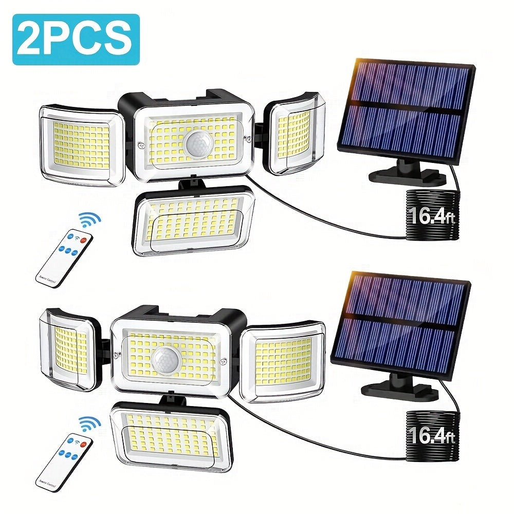 2/4 piezas de luces solares de pared para exteriores, 288 LED con sensor de movimiento y control remoto, 4 modos de iluminación para patio solar, focos de seguridad de gran angular de 270°, luz solar de pared de 4 cabezales para porche, jardín, garaje, te