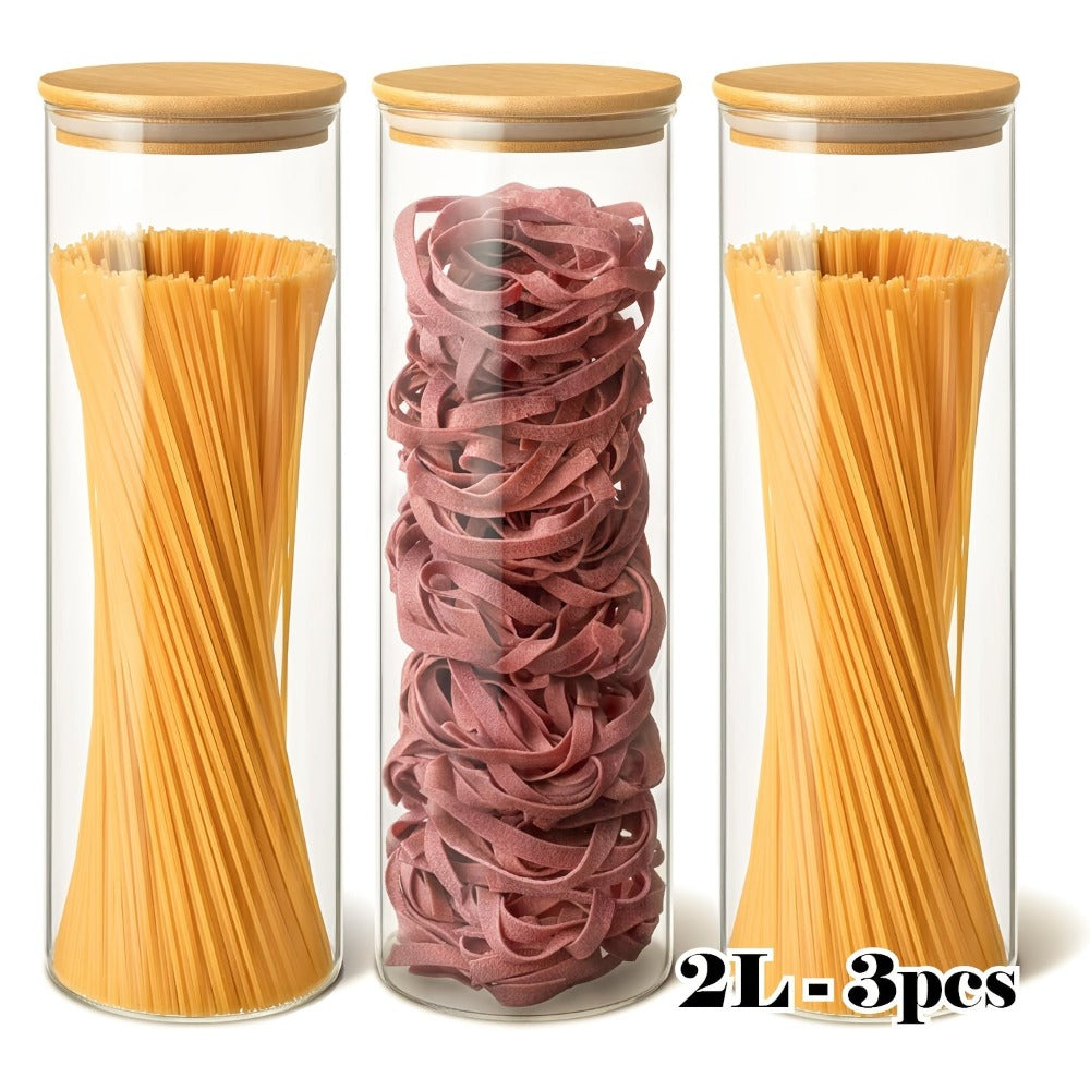 Juego de 3/4 tarros de cristal para almacenamiento de cocina, redondos y cilíndricos con tapa de bambú. 1.3L (44oz)/2L (67oz). Hechos de vidrio de borosilicato de alta resistencia, ligeros y duraderos, aptos para lavavajillas. Adecuados para pasta, frutos
