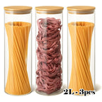 Juego de 3/4 tarros de cristal para almacenamiento de cocina, redondos y cilíndricos con tapa de bambú. 1.3L (44oz)/2L (67oz). Hechos de vidrio de borosilicato de alta resistencia, ligeros y duraderos, aptos para lavavajillas. Adecuados para pasta, frutos