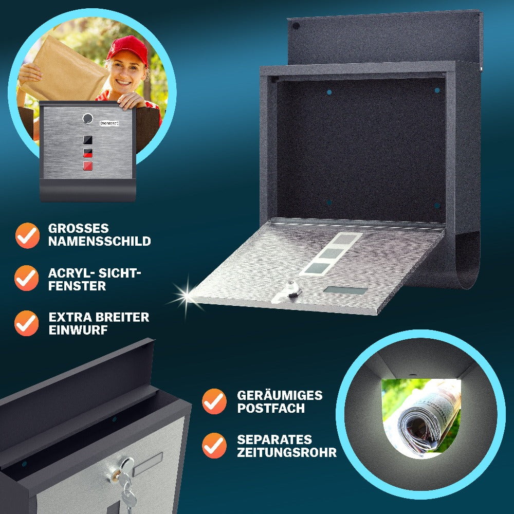 Buzón MONZANA® con Cerradura Cruzada, Cilindro de Cobre, Tapa Giratoria, 31x10x34 cm, Ventana de Visualización, Placa de Identificación, Compartimento para Periódicos, Fácil Instalación, Acero Aleado, 2 Llaves, Caja de Correo