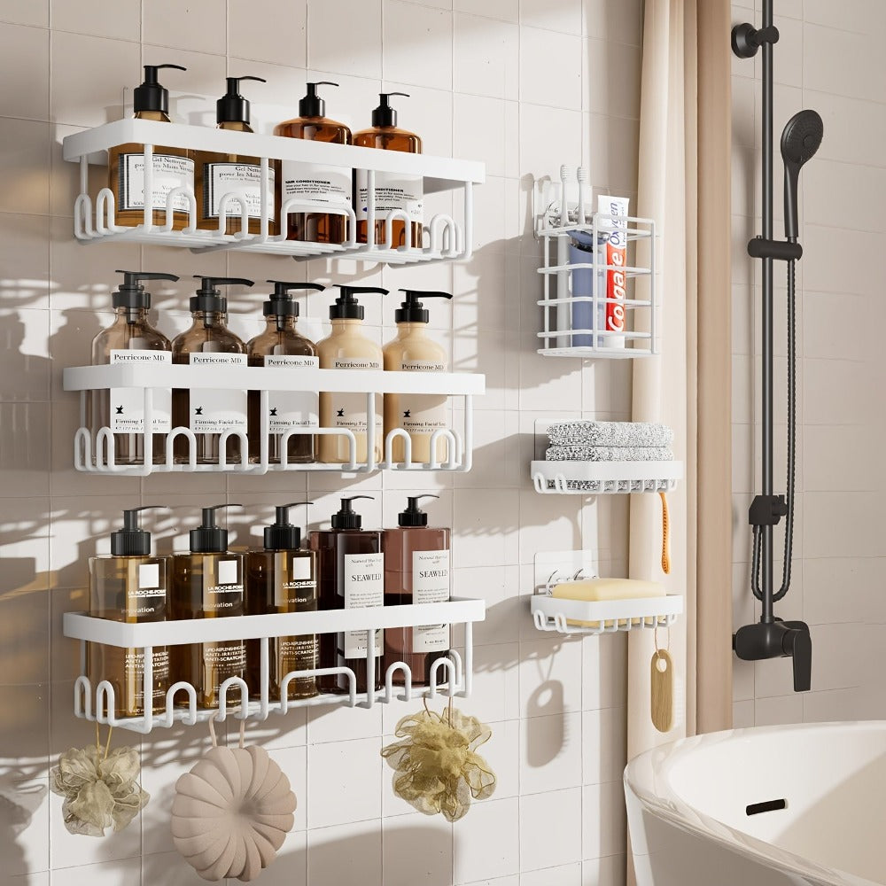 Juego de 6 organizadores de ducha, estantes negros para el baño, cestas de acero inoxidable para montaje en pared con adhesivo para dentro de la ducha, organizadores de ducha