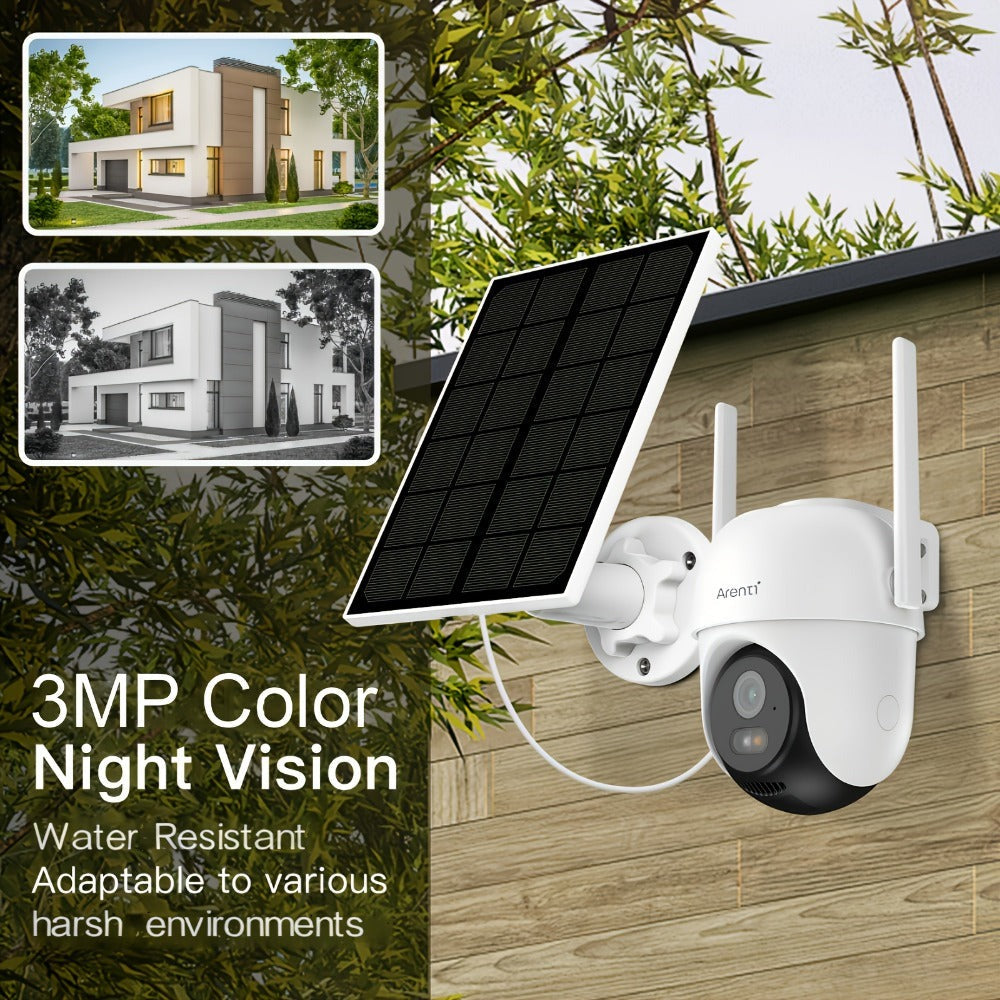 Cámara PTZ de baja potencia para exteriores de 3MP: Batería recargable de 5200Mah, detección humana, audio bidireccional (semiduplex), IP65, movimiento PTZ horizontal y vertical, visión nocturna a todo color, fuente de alimentación de panel solar (Kit GO2