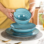Juego de cena de 24 piezas para 6 personas, juego de platos y tazones con remolinos pintados a mano por ambos lados, juego de vajilla de porcelana, platos de cena, platos de postre, tazones para pasta y tazón para cereales, azul, apto para lavavajillas y