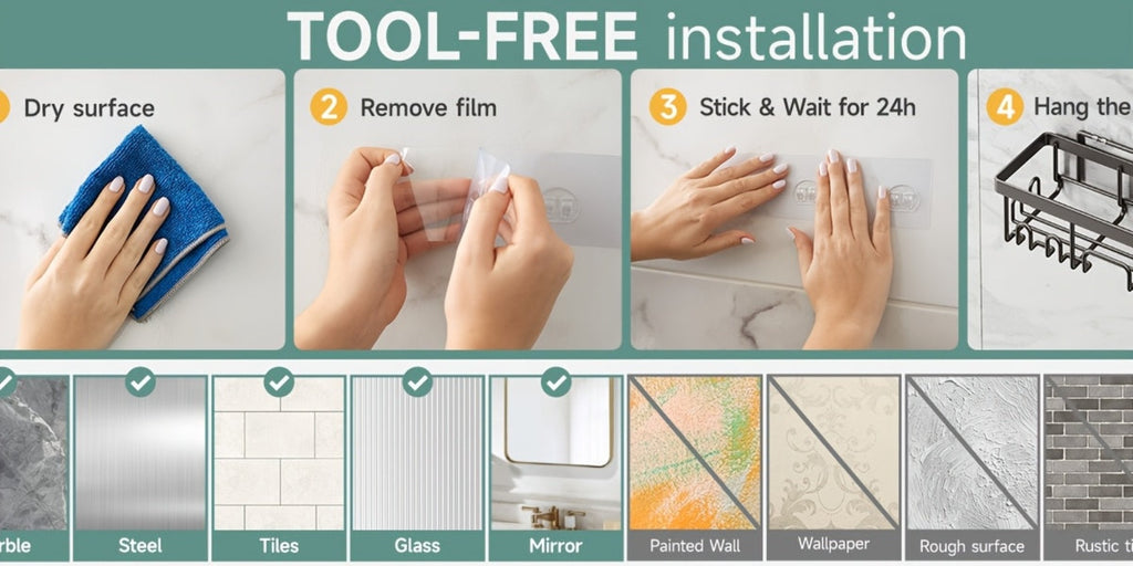 Juego de 6 estantes de ducha de acero inoxidable a prueba de óxido, organizador de baño adhesivo sin taladro, estantes de ducha que ahorran espacio para elementos esenciales de apartamento, baño, almacenamiento de cocina, decoración del hogar rentable, es