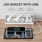 Regleta de enchufes múltiples de ángulo recto 7 en 1 con estación de carga rápida, 4 CA, 2 USB-C de 20W con indicador LED y doble interruptor, ideal para cargar teléfonos, tablets en el hogar, la oficina, configuración de oficina en casa, organización del