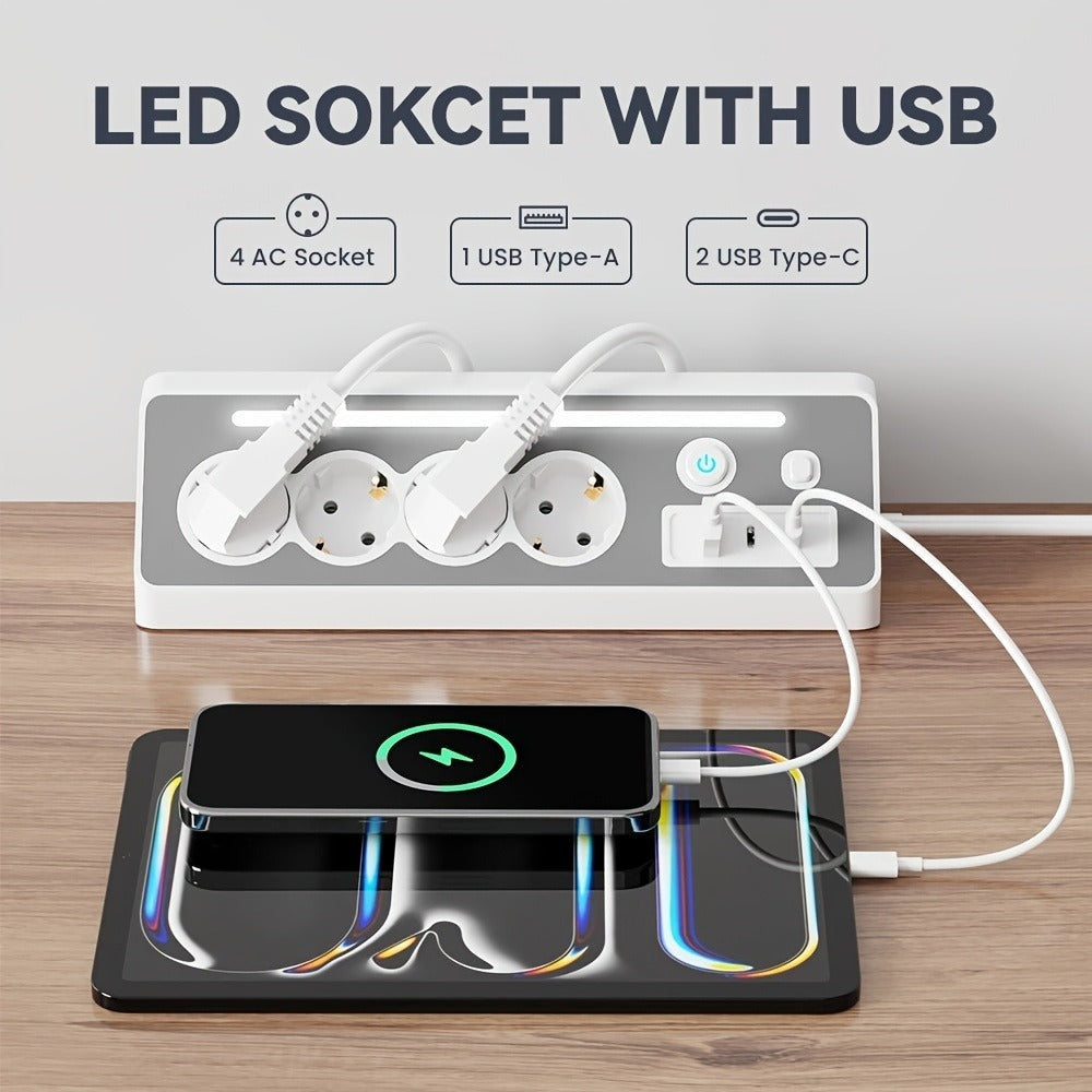 Regleta de enchufes múltiples de ángulo recto 7 en 1 con estación de carga rápida, 4 CA, 2 USB-C de 20W con indicador LED y doble interruptor, ideal para cargar teléfonos, tablets en el hogar, la oficina, configuración de oficina en casa, organización del