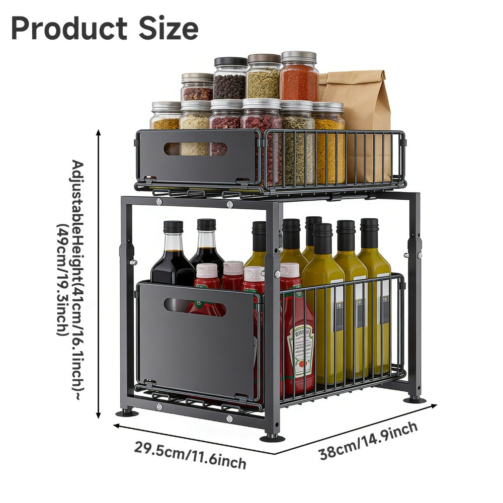 Organizador de 2 niveles para debajo del fregadero, cajones extraíbles, acero al carbono, almacenamiento para cocina y baño, almacenamiento deslizante sin taladrar para cocina, altura ajustable, , gran capacidad de carga