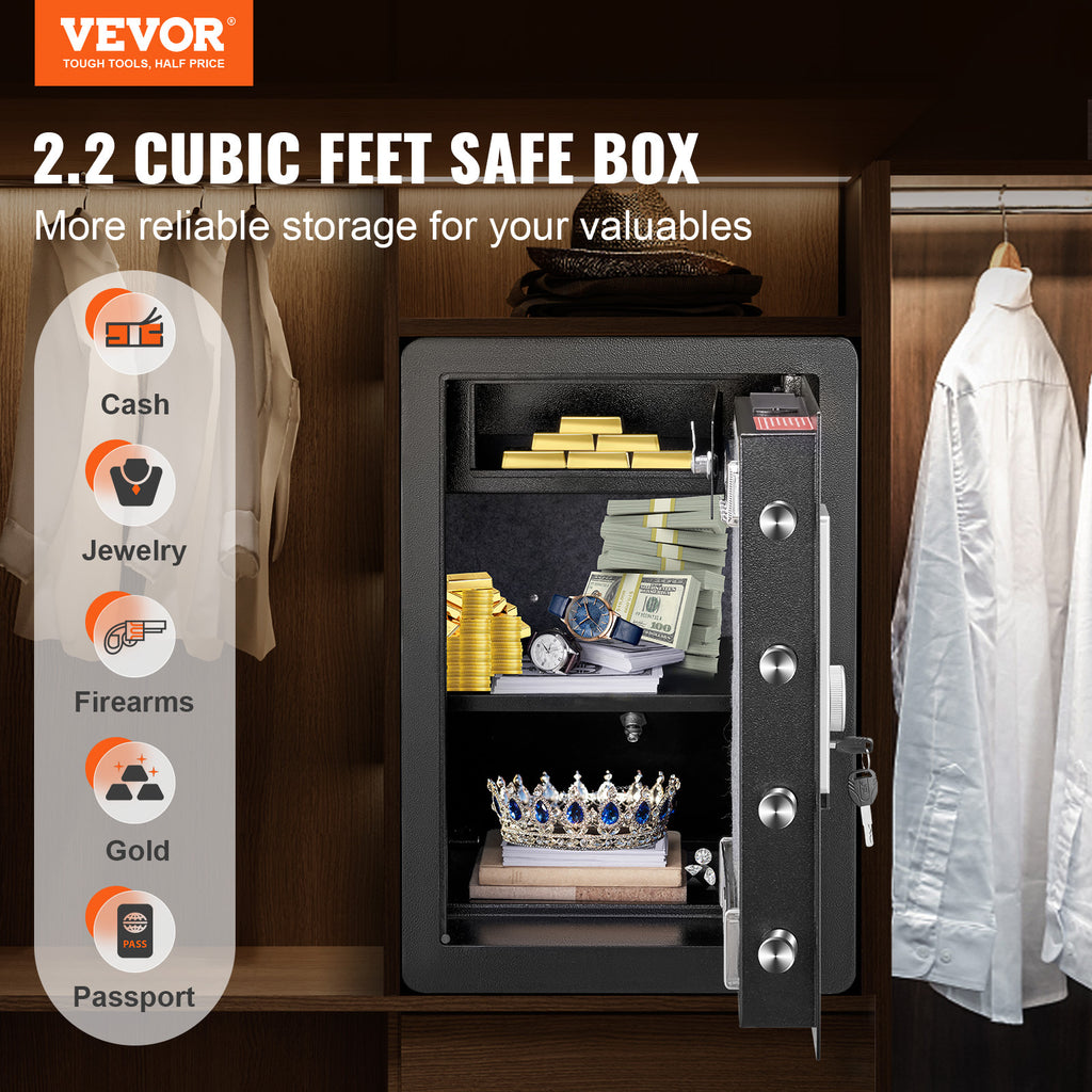 VEVOR Seguro, 2.2 pies cúbicos Caja Fuerte para el Hogar, Caja de Seguridad de Acero con Huella Digital, Teclado Digital y 2 Llaves, Caja Fuerte con Bolsa Grande a Prueba de Fuego, Protege Efectivo, Oro, Joyas, Documentos, 15.8x13x23.6 pulgadas