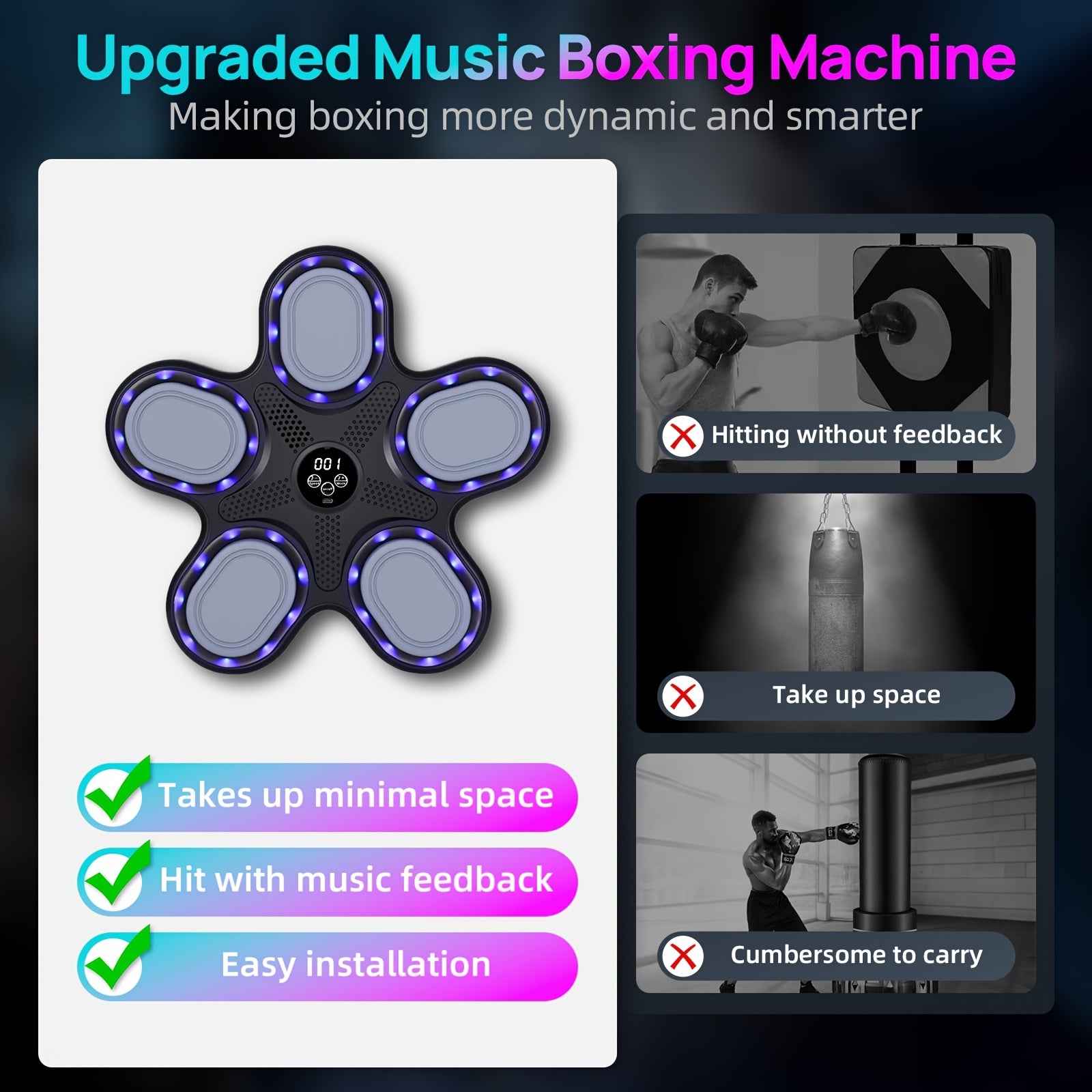 Máquina de Boxeo Musical Interactiva con Guantes, Carga USB, Material PE - Equipo de Entrenamiento en Casa y Reflejos para Adultos, Montaje en Pared, Negro