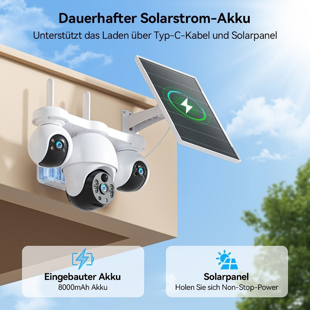 Cámara de Seguridad Inteligente para el Hogar V380MAX | Grabación de 8MP durante todo el día, compatible con Wi-Fi de 2.4GHz y 4G LTE, sistema de vigilancia inalámbrico con energía solar. Cuenta con rotación de 360°, visión nocturna a color, audio bidirec
