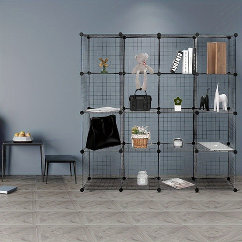 1pc Estante Moderno, Estante, Diseño de Cubo de Estante, Estantes de Alambre Ajustables Individualmente, 16 Compartimentos, Hecho de Alambre , Estante de Pie