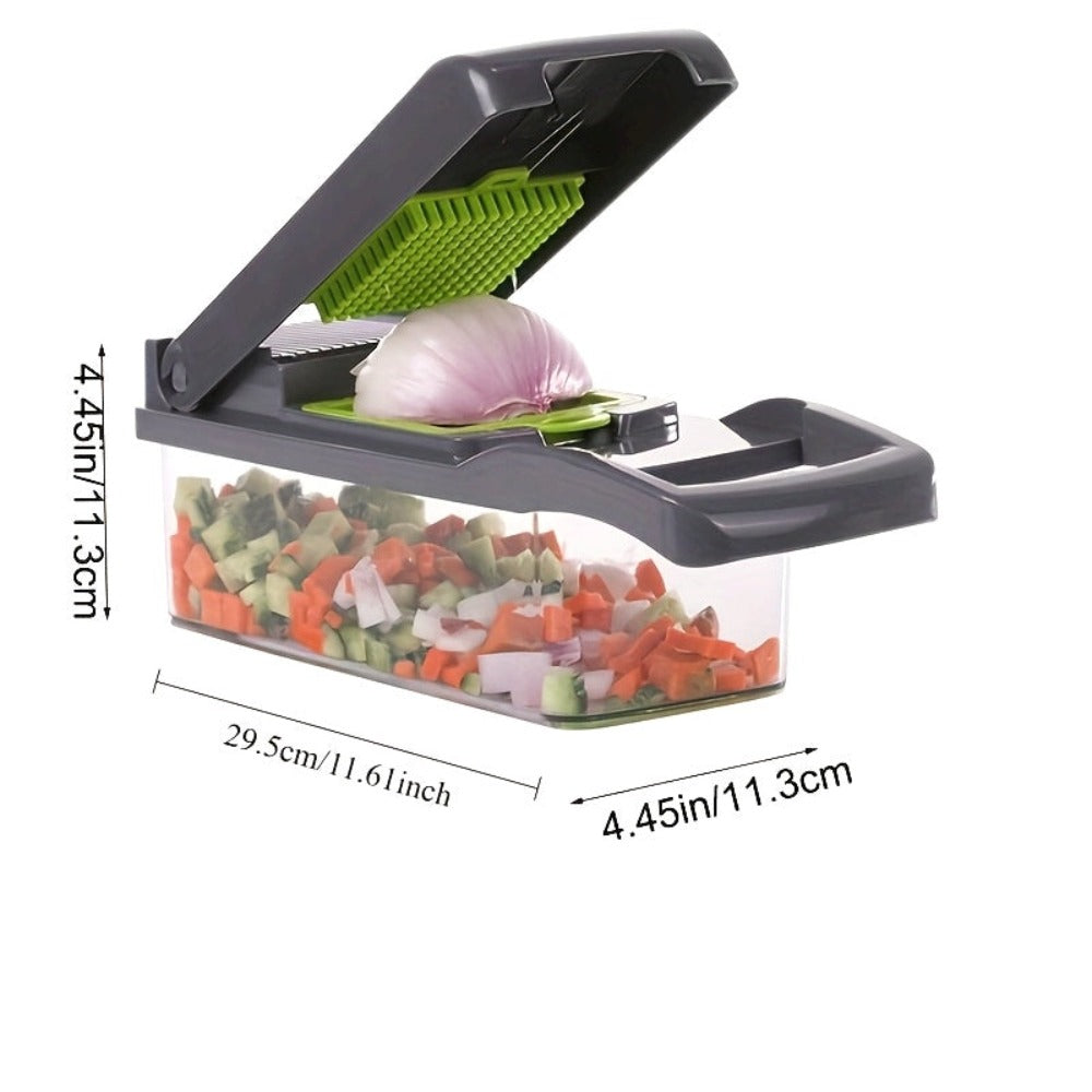 Romeoo Cortador y Picador de Verduras Multiusos 16 en 1 - Procesador de Alimentos Manual con Contenedor, Cesta de Drenaje y Protector de Manos - No Requiere Electricidad, Verde y Negro, Picador de Verduras 16 en 1 para Patatas, Cebollas, Zanahorias, Ajo -