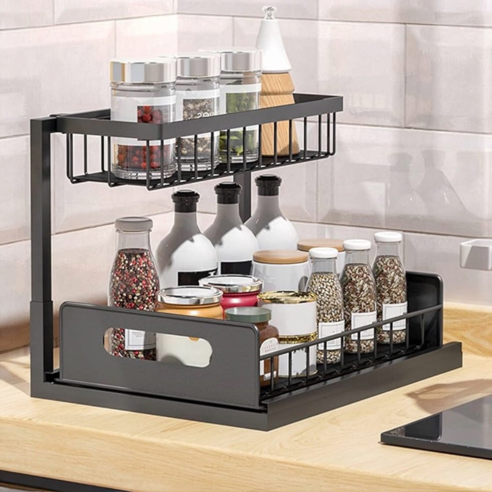 Organizador Cocina Almacenamiento de metal debajo del fregadero, organizador de cocina de 2 niveles con cajón de almacenamiento deslizante, organizador debajo del fregadero con ventosas mejoradas