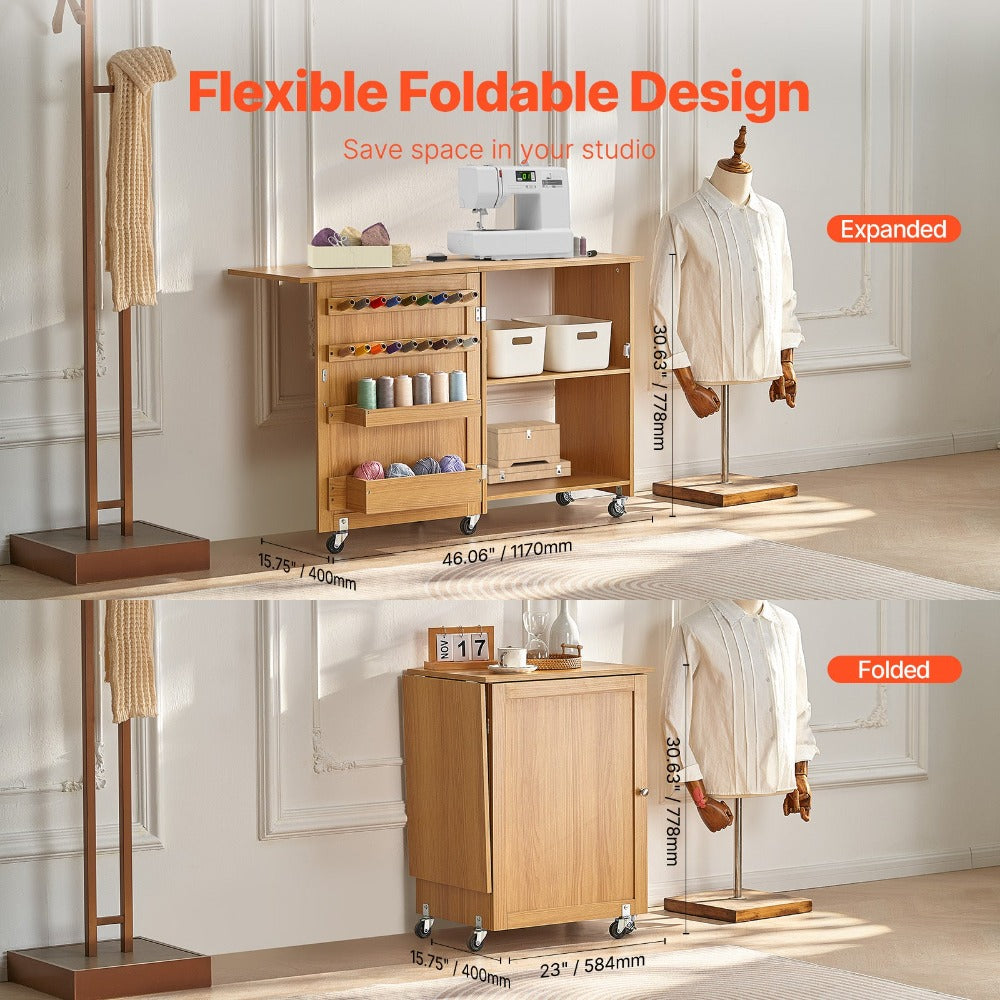 Mesa de costura plegable VEVOR con ruedas con cerradura estantes bandejas puerta color madera