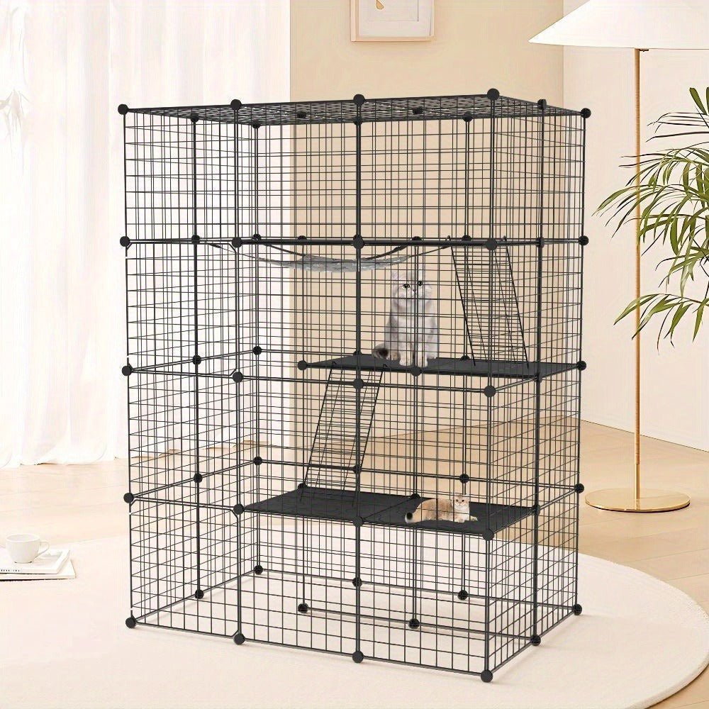 Cerradura Metálica Negra para Exteriores para Conejos, con Puerta y Adecuada para Animales Pequeños como Cobayas y Cachorros, Medidas 146X110X74 Cm (4 Columnas y 3 Capas)