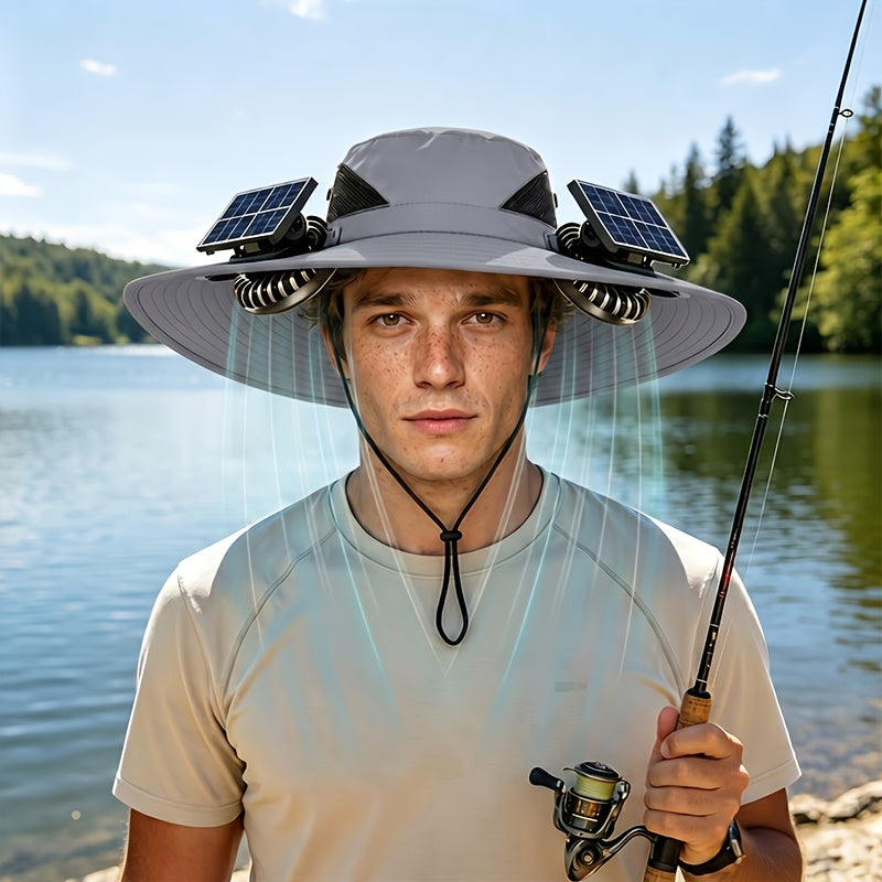 Sombrero abanico con protección solar UPF y sistema de enfriamiento USB, ala ancha para exteriores, apto para pesca, senderismo, escalada, con batería para uso prolongado en clima caluroso