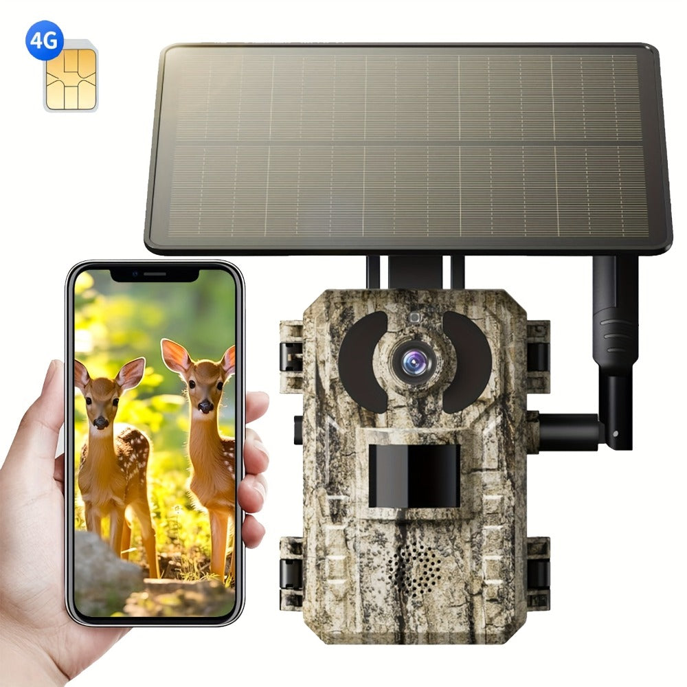 Cámara de Senderos Celular 4G LTE, Cámara para Juegos en Vivo 2K con Visión 360°, Tarjeta SIM Interna, Activación por Movimiento, Visión Nocturna a Color, Acceso Remoto desde Teléfono Móvil y Alimentada Solarmente
