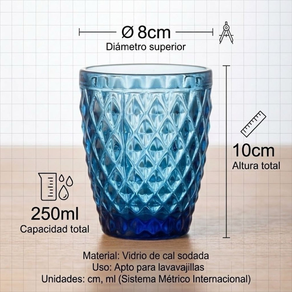 TRESV Set de 6 Vasos de Cristal 250ml | Diseño de Diamante Elegante | Aptos para Lavavajillas | Vidrio Sin Plomo para Agua y Refrescos