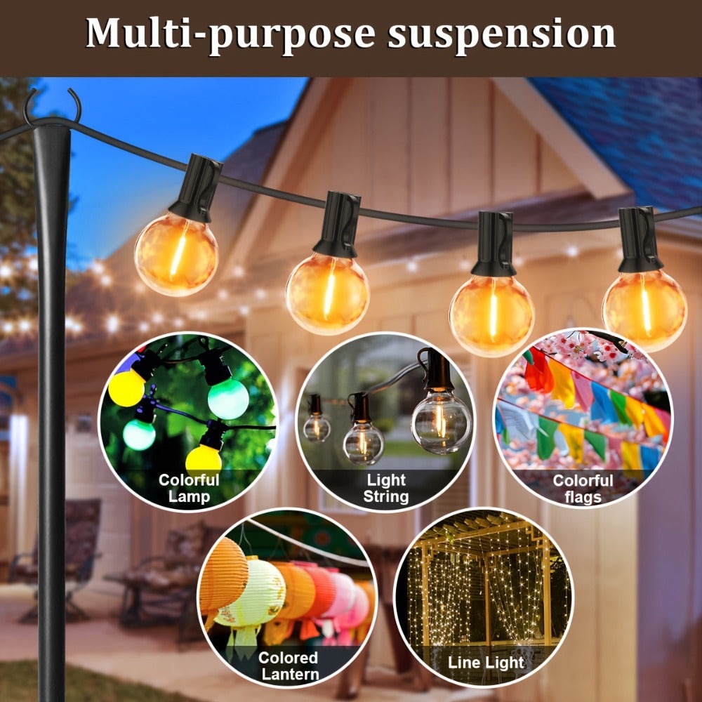 Paquete de 4 postes de metal para guirnaldas de luces de 3.05 metros con horquilla, postes colgantes para terraza, fiesta, boda (sin guirnalda de luces, solo poste)
